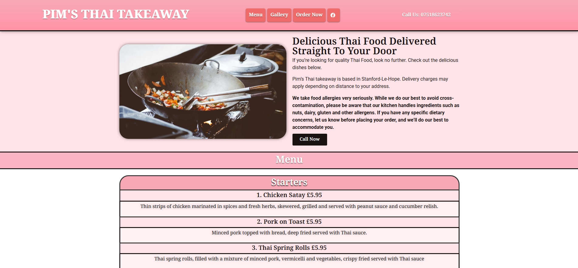 A screenshot of the website for Pim's Thai, a takeaway based in Stanford-Le-Hope.